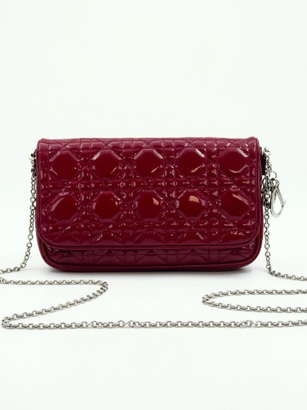 Christian Dior Lady Dior Cannage Red Patent Leather Wallet on Chain
